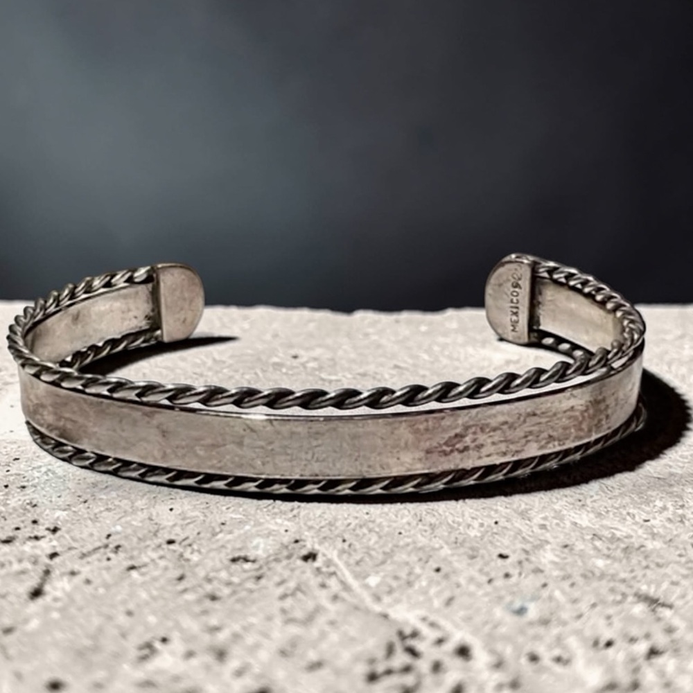 Vintage Solid 925 Sterling Silver Twisted Rope Cuff Bracelet adjustable Mexico